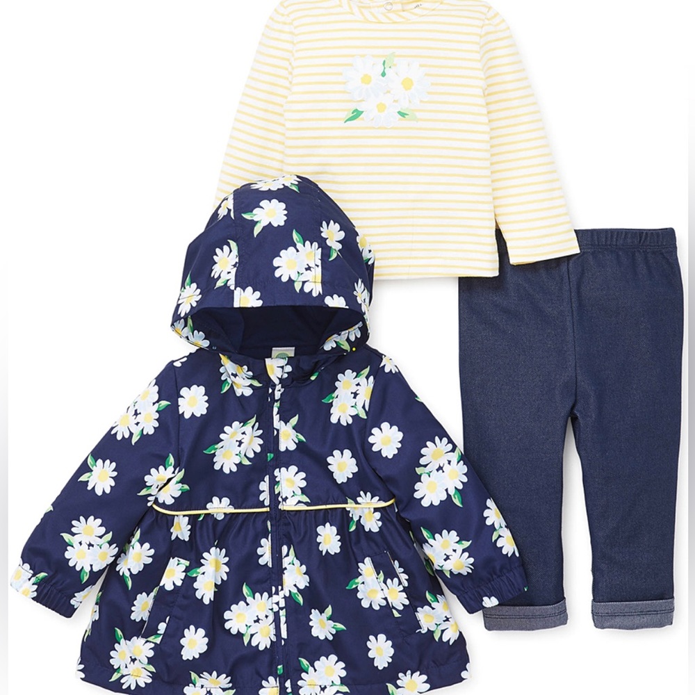 LITTLE ME Blue Yellow White Floral 3 Piece Set Raincoat L/S Top Leggings 24M NEW